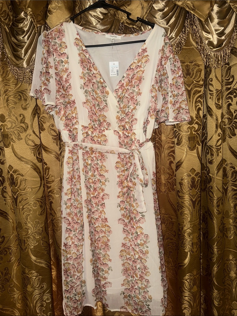 Maurices Cream Midi Wrap Dress with Pink Floral Stripes